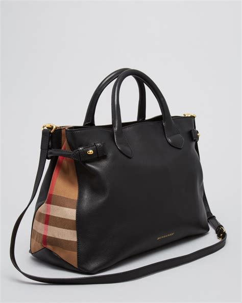 burberry medium leather and house check tote bag in black|burberry black nylon tote bag.